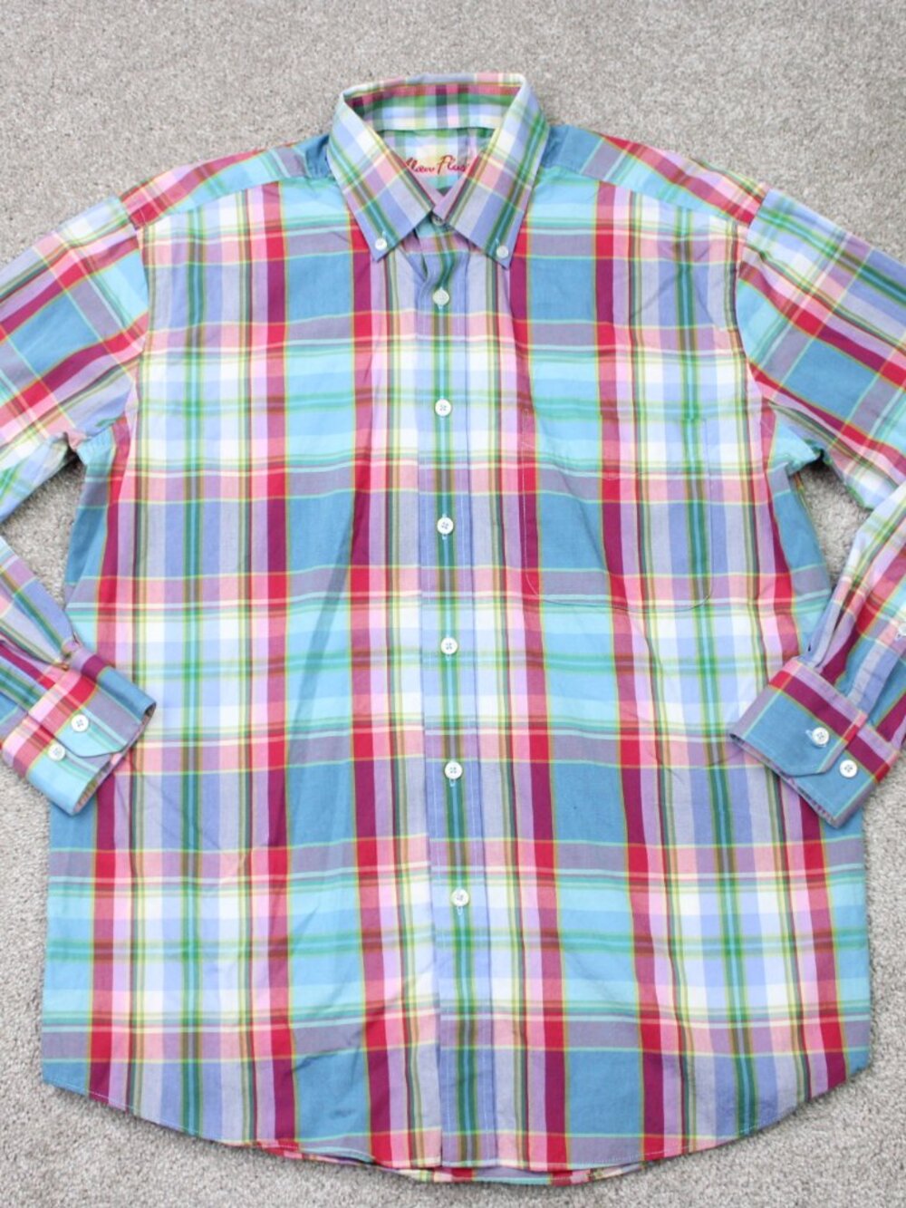 Alan Flusser Shirt Mens Medium Red/Blue/Pink 100% Cotton Long Sleeve Preppy